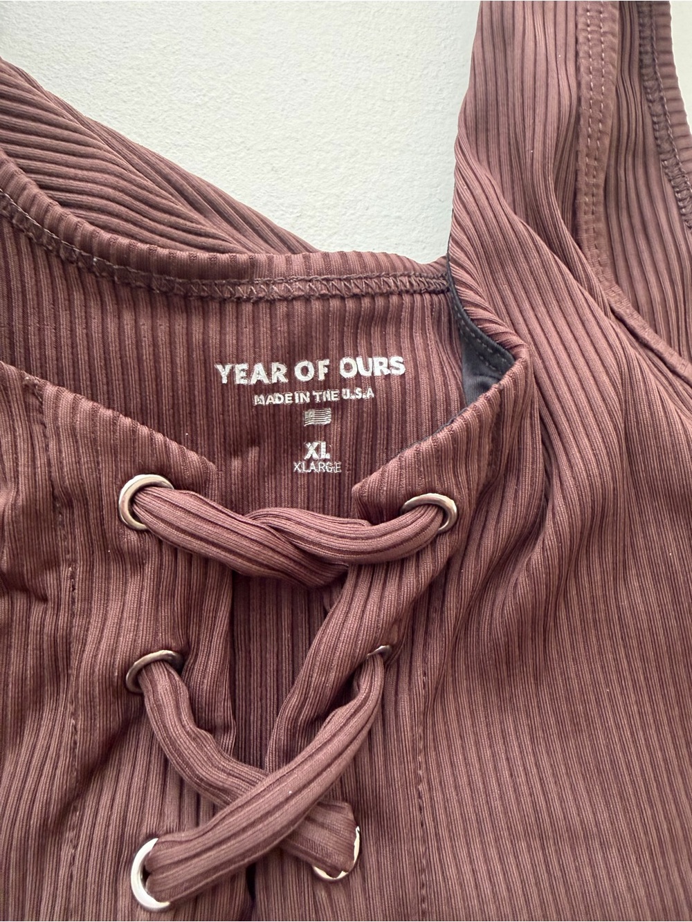 Year of Ours Lace-Up Ribbed sports bra in brown, side XL